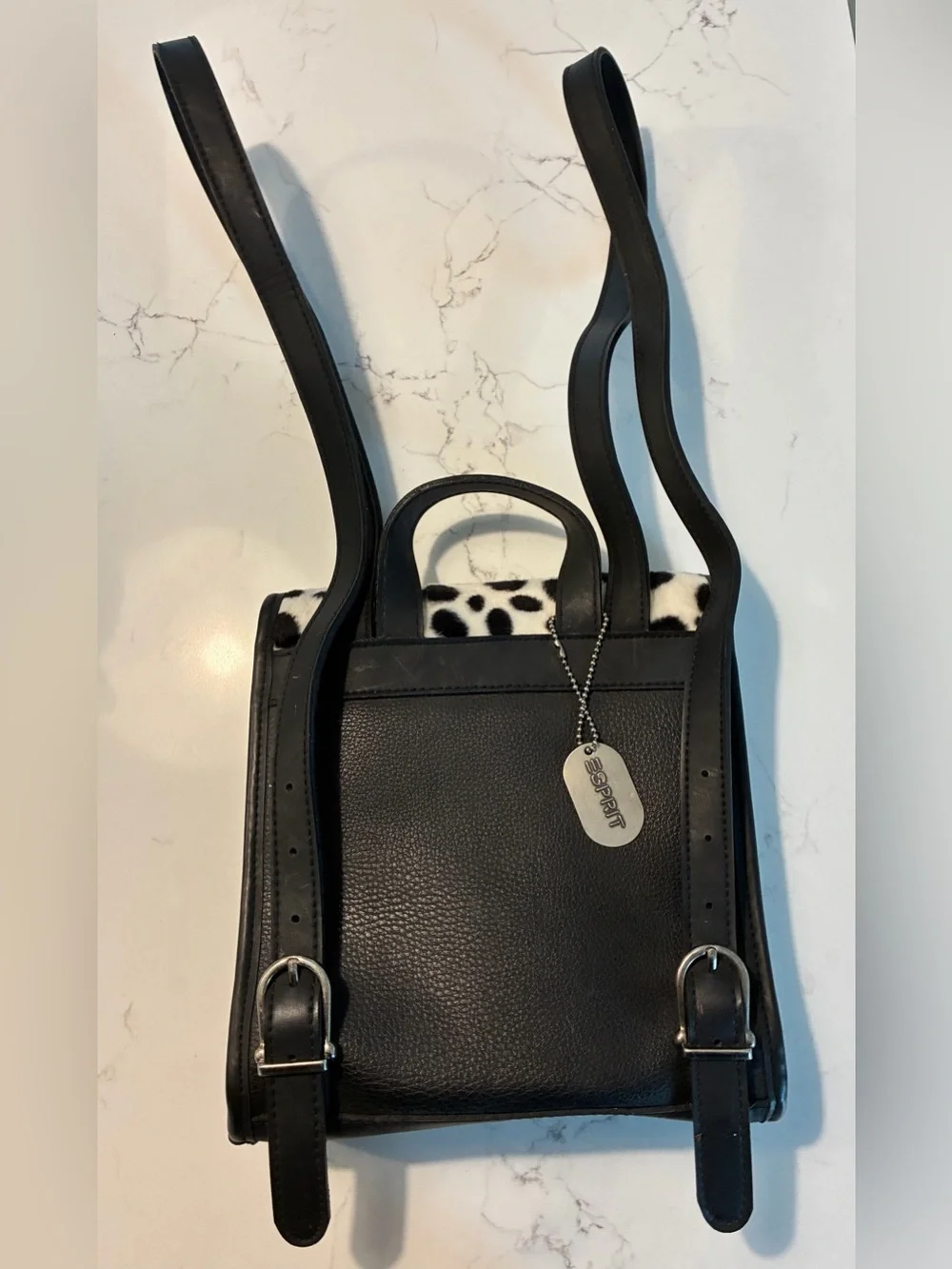 Vintage 90s Esprit Backpack Dalmatian Faux Calf Hair Flap GENIUNE Leather Bag